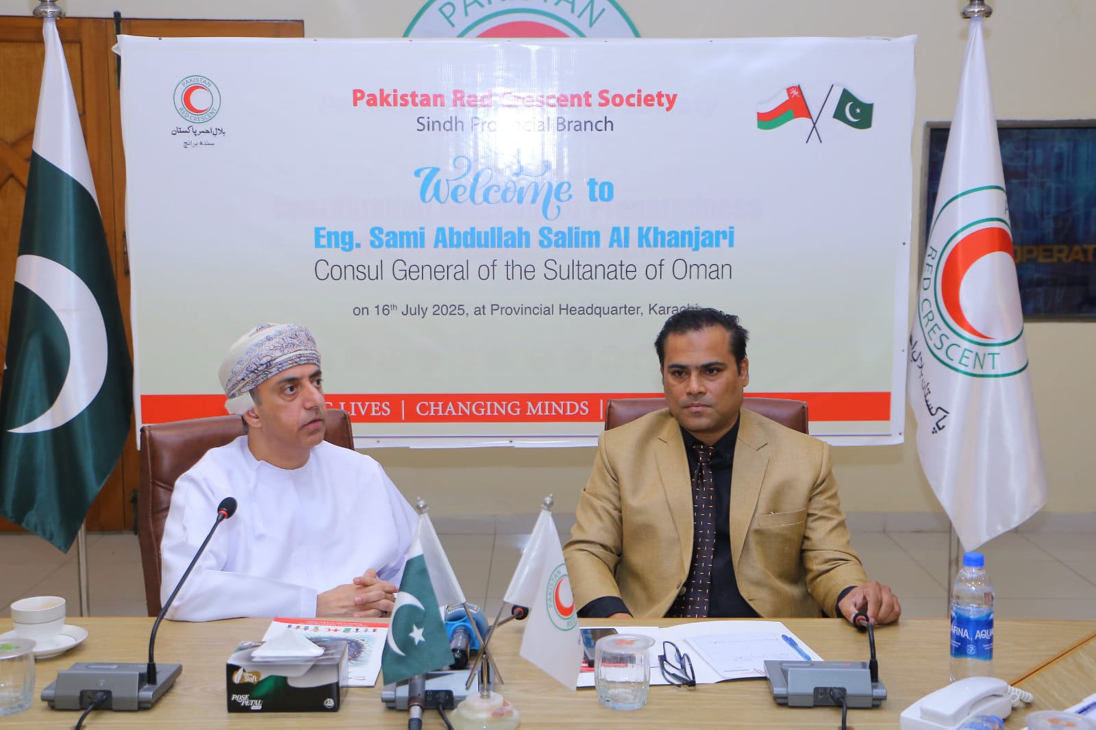 Pakistan Red Crescent Sindh Branch were highly appreciated by Eng. Sami Abdullah Saleem Al-Khanjari, the Consul General of Oman, during his official visit to the Provincial Headquarters in Karachi.