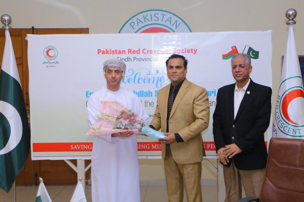 Pakistan Red Crescent Sindh Branch were highly appreciated by Eng. Sami Abdullah Saleem Al-Khanjari, the Consul General of Oman, during his official visit to the Provincial Headquarters in Karachi.