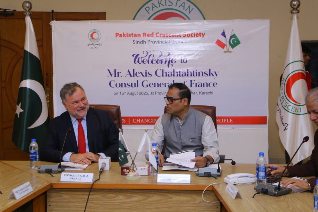 Chairman Muhammad Rehan Hashmi briefing Consul General of France on humanitarian initiatives in Sindh