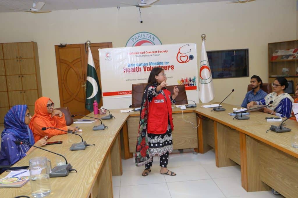 Pakistan Red Crescent Sindh organized an orientation session for health volunteers on October 17, 2025, promoting community health and humanitarian response.